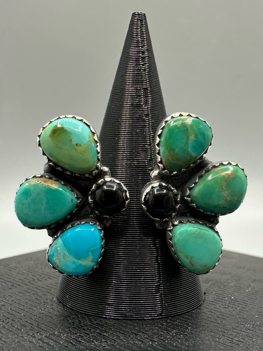 Black Onyx & Turquoise Sterling Silver 925 Bypass Floater Cluster Ring Handmade